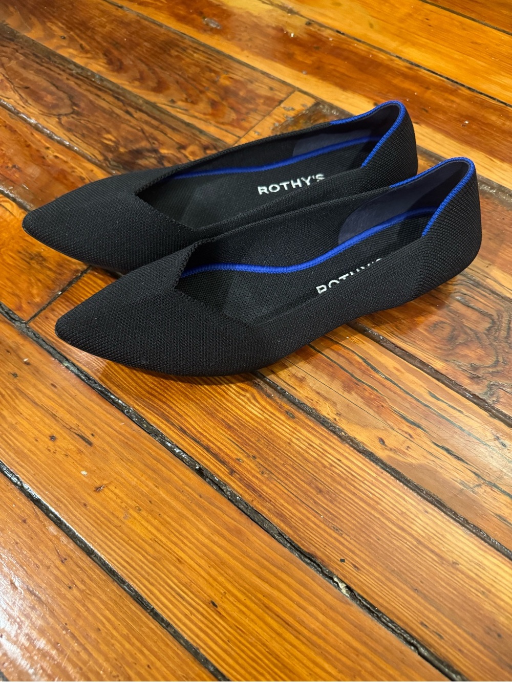 Rothy's Black Pointed Knit Flats with Blue Trim - Picture 7 of 8